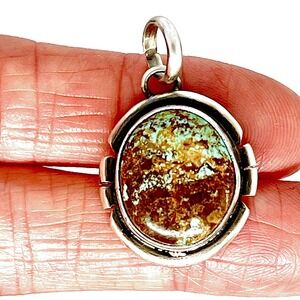 Navajo‎ Natural Turquoise Pendant 1.25 in Skeets Round Sterling Matte Patina USA